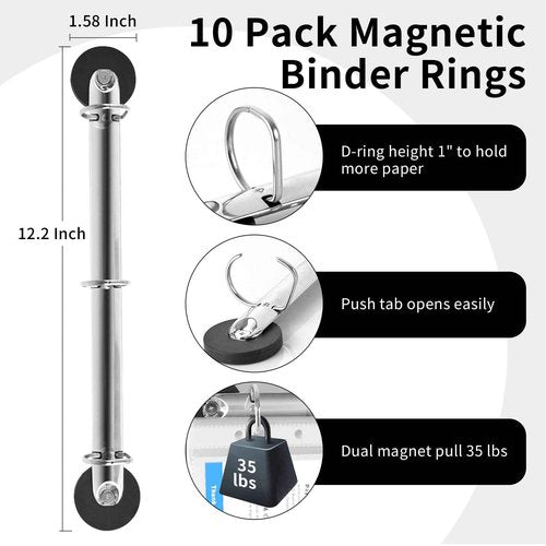 10 Pack Magnetic 3 Binder Rings 1 Inch D Ring Magnetic Hanging Binder Rings Locking Mechanism for Hanging 8.5 x 11 Inch Sheets Letter Size Paper (10)