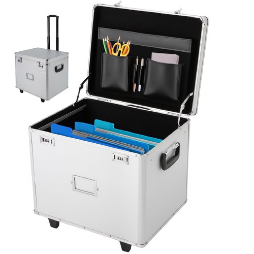 Pinelicorn Portable File Storage Box with Handle -19.2" x 15" x 16" Portable Locking Storage Box for Filing Letters & Documents, Mobile Lock Box with Combination Lock (Silver)