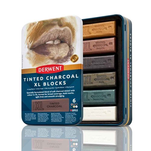 Derwent Tinted Charcoal XL Blocks 6 Tin, Set of 6, 60mm Extra-Large Block, Naturally Water-soluble, Ideal for Sketching, Drawing and Expressive Mark Making, Professional Quality (2306177)