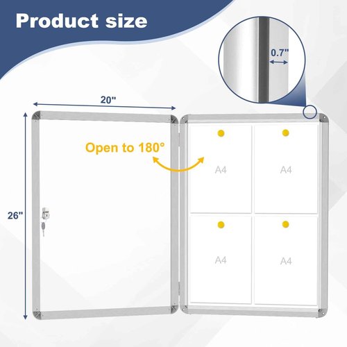 WALGLASS Enclosed Bulletin Board, 26"x20" Lockable Display Case Outdoor Weatherproof Whiteboard, Silver Aluminium Frame, Rectangular, Glossy Finish