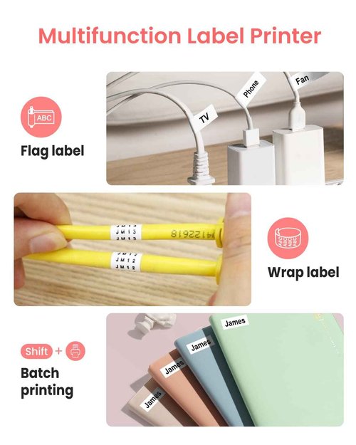 Vixic Pink Label Maker, D210S Label Maker with Tapes Waterproof, Handheld Label Makers Labeler Includes USB-C for Power, Easy-to-Read Screen, Multiple Fonts Icons Frames for Home Office Organization