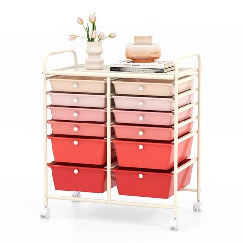 Julimoon 12 Drawer Rolling Storage Cart, Multipurpose Storage Organizer Cart with Lockable Casters, Mobile Utility Cart for Garage Office Home Kitchen (Gradient Pink), HW56500