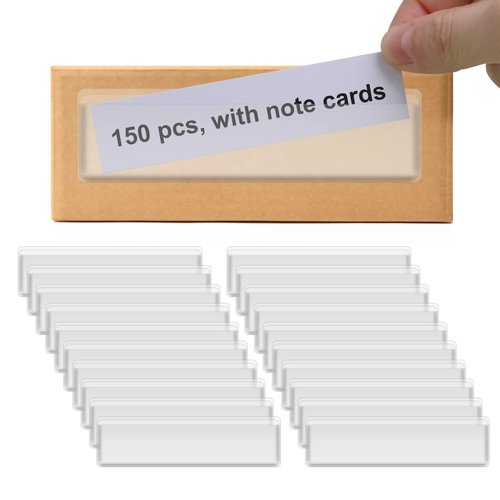 Label Holders Adhesive Shelf Tags - Fushing 150Pcs Clear Plastic Labels for Storage Bins with Name Label Badge Inserts, Removable Adhesive Pockets for Shelf Mailbox Binders Drawers Cabinets Organizer