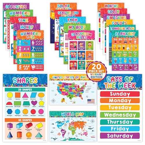 Decorably 20 Vibrant Toddler Learning Posters for Toddlers 1-3, 11x17in Matte-Laminated Toddler Educational Posters for Toddlers 1-3 and Up - Classrooms, Bulletin Boards, Homeschool