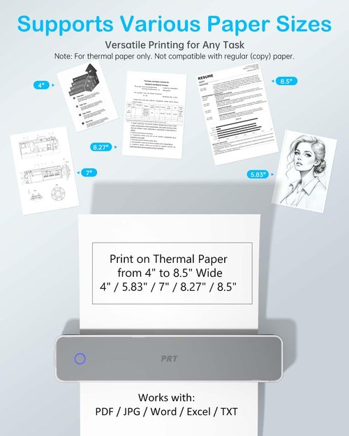 PRT Inkless Portable Printer for Travel, Wireless Thermal Printer Support 8.5 x 11 Inch US Letter A4 B5, Bluetooth Mobile Printers with iOS, Android, Laptop for Home Use, Car, Office, School, Grey