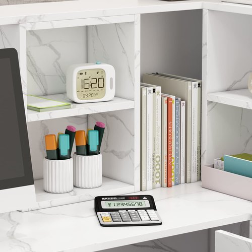 AIEGLE Reception Desk with Counter Drawers & Storage Shelves, L-Shaped Reception Counter Table for Salon Reception Room Checkout Office, Marble White (55.9" L x 32.3" W x 48.4" H)