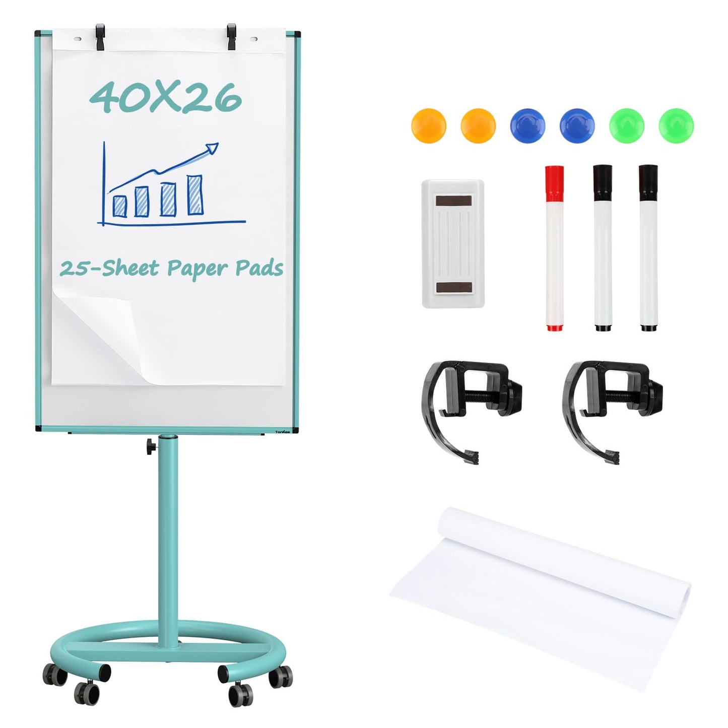 Mobile Whiteboard on Wheels, 40x26 Inches Magnetic Dry Erase Board with Stand, Standing Dry Erase Board with Paper Pads, Portable Rolling White Board for Classroom, School, Office, Home, Teacher