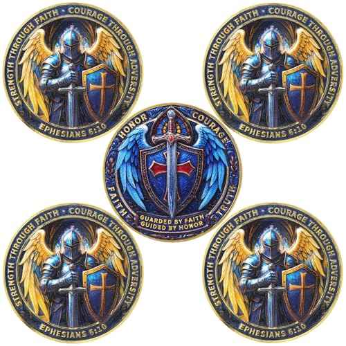 Christian Knight Challenge Coin Faith, Courage & Strength Armor of God Ephesians 6:10 Guardian Angel Warrior Shield and Sword Coin for Men and Women (Angel Knight-5 PCS)