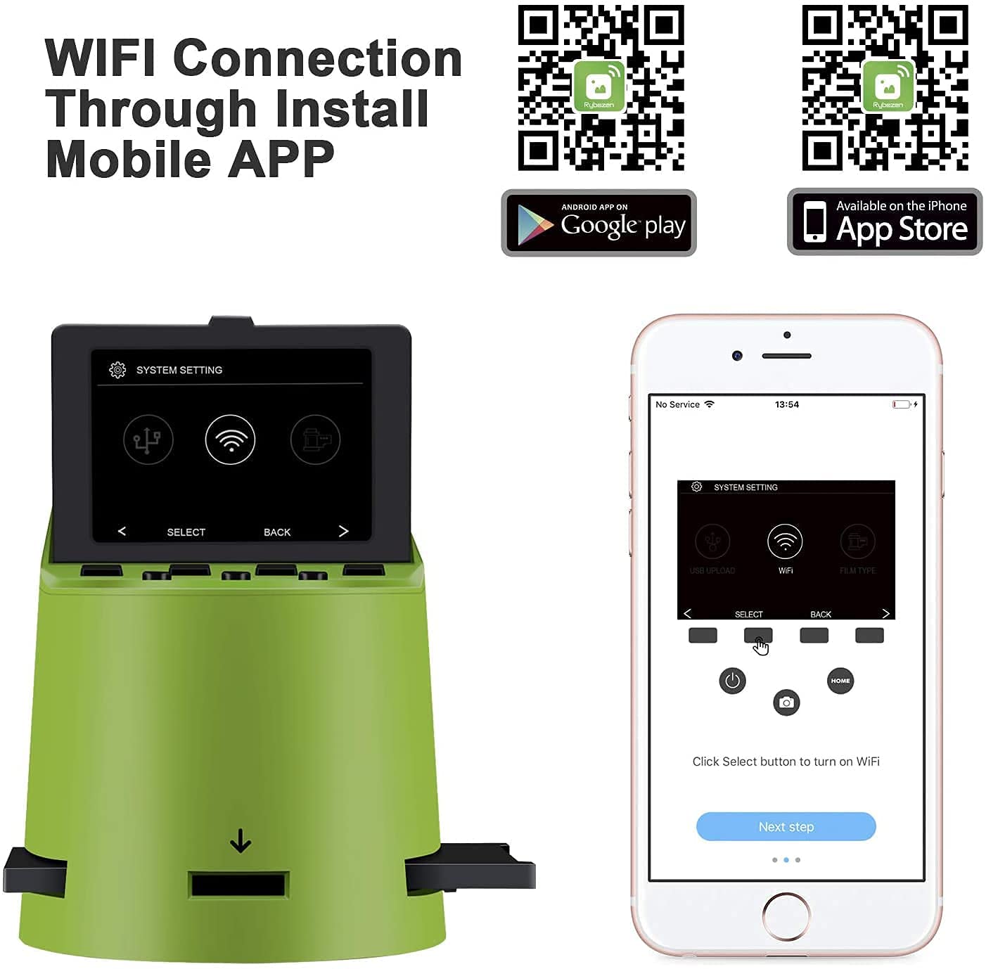 Wireless Digital Film Scanner with 22MP, Converts 35mm, 126, 110, Super 8 Films, Slides, Negatives to JPEG, Tilt-Up 3.5" Large LCD, Transfer Pictures to Phones Via WiFi Connection, MAC &PC Compatible