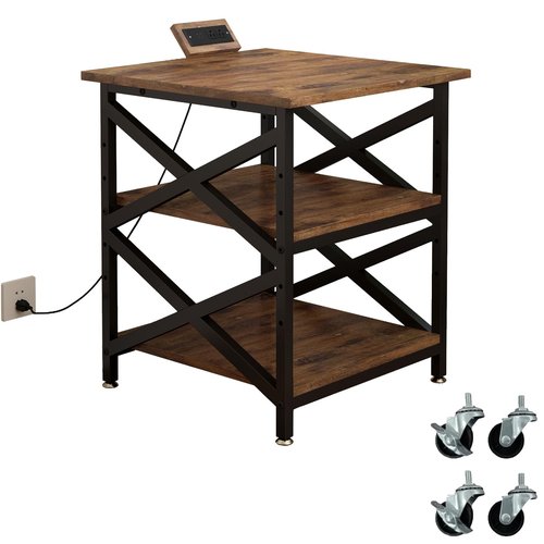 METYERRY Large Printer Stand with Power Outlet, with Height Adjustable Storage Shelf, 3 Tier Rolling Printer Cart with Industrial Wheels, 23.6 x 23.6 Inches Printer Table for Home Office, Rustic Brown