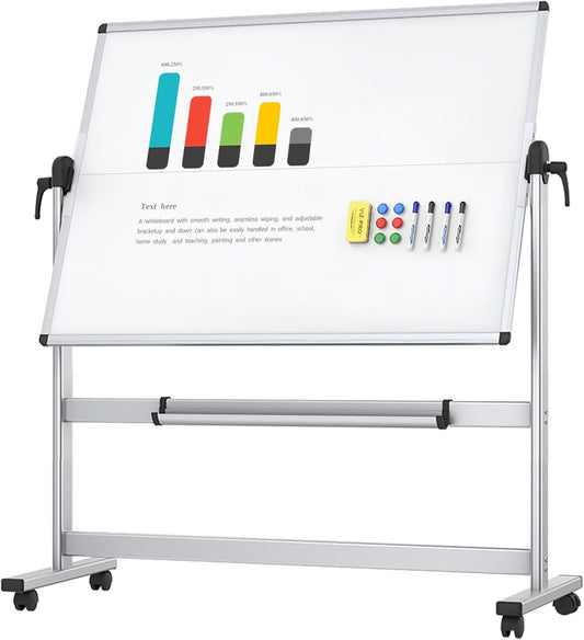 VIZ-PRO Double-Sided Mobile Whiteboard - 48 x 36 Inches Magnetic Dry Erase Board on Wheels