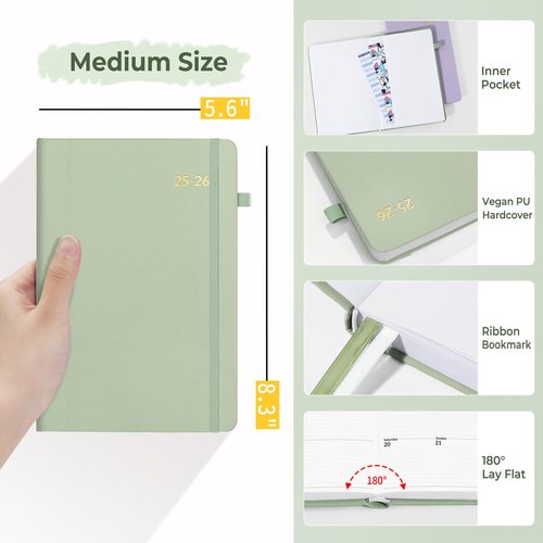SUNEE 2025-2026 Weekly & Monthly Hardcover Planner 5.5" x 8.3" - 12 Month (July 2025 - June 2026), Small Academic Year Calendar Planner, Pocket, Notes, 100 GSM Paper, Sage Green