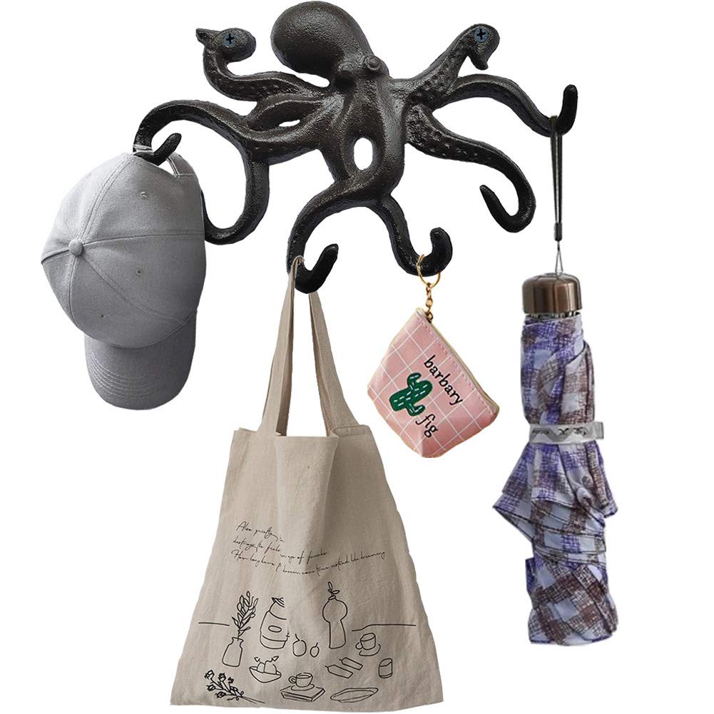 HUAAOTIAN Cast Iron Coat Hooks Rustic Octopus Key Holder Heavy Duty Hooks Wall Mounted with 6 Tentacles for Keys, Towel, Bags, Scarf, Cup, Hat