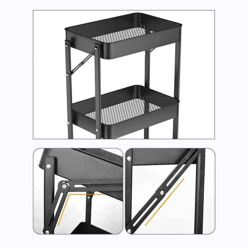 XIWODE 3 Tier Folding Metal Rolling Cart with Wheels,Black Mobile Organizer Service Cart for Kitchen Bathroom Office,No Assembly Need Trolley Shelf