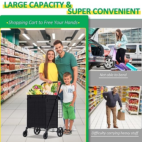 Spurgehom Grocery Cart on Wheels Folding Shopping Carts for Groceries 140L Jumbo with Removable Liner and Double Basket, 360¡Æ Rolling Laundry Cart Lightweight Trolley for Seniors 400 LBS Capacity