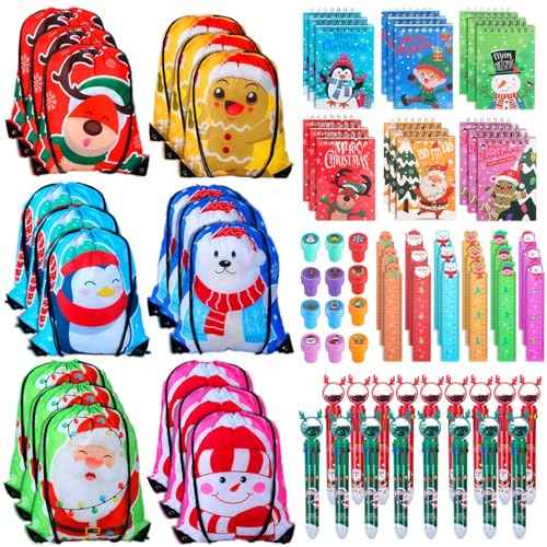 Zhanmai 84 Pcs Christmas Stationery Party Favor Bulk 16.5 x 13.8" Christmas Drawstring Backpack Multicolor Ballpoint Pen Ruler Stamp Notebook for Christmas Stationery Gift Classroom Prize for Kids