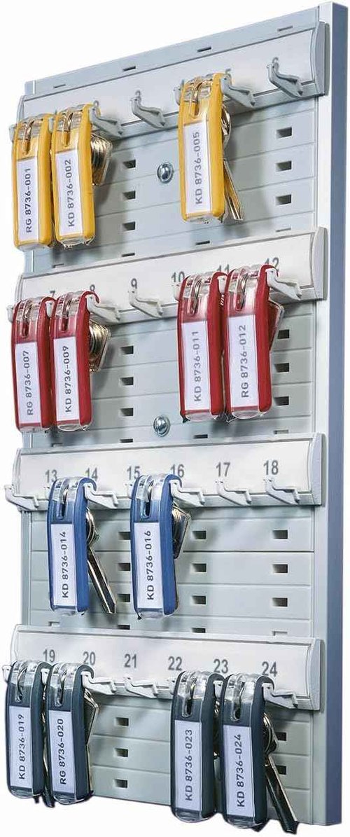 Durable 24-Tag Key Rack - Simple Wall Mounted Gray Plastic Organization Board for Keeping Up to 24 Keys Securely Stored Whilst Saving Space - Includes 6 Assorted Key Clip Tags