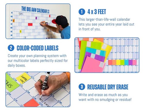 The Big A## Calendar Mid-Year Wall Planner – July to June Dry-Erase Board – Includes 1 Marker & 100 Labels – Lightweight, Easy to Hang Yearly Planner – Plan Goals & Adventures – Blue, 4’x3’