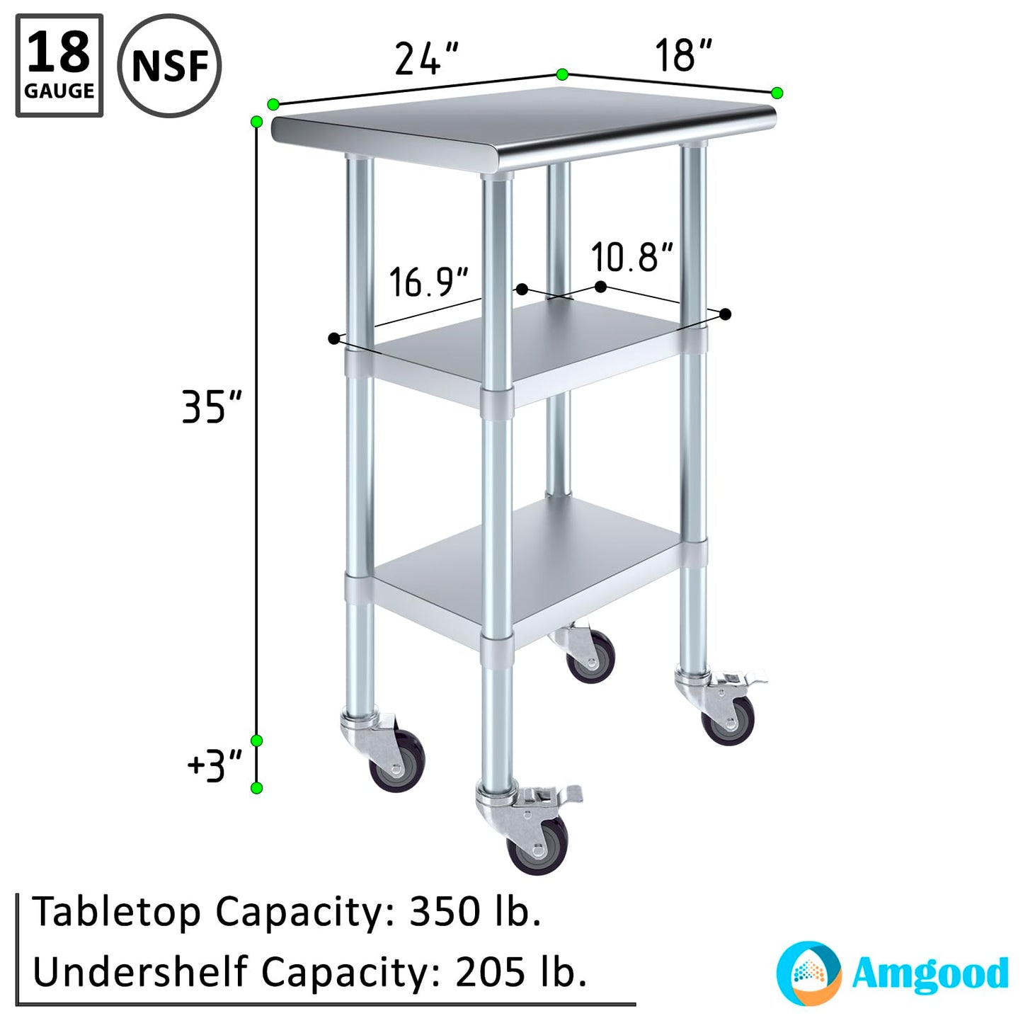 AmGood Stainless Steel Work Table with 2 Shelves and Casters | Metal Utility Table On Wheels (Stainless Steel Work Table with 2 Shelves + Casters, 24" Long x 18" Deep)
