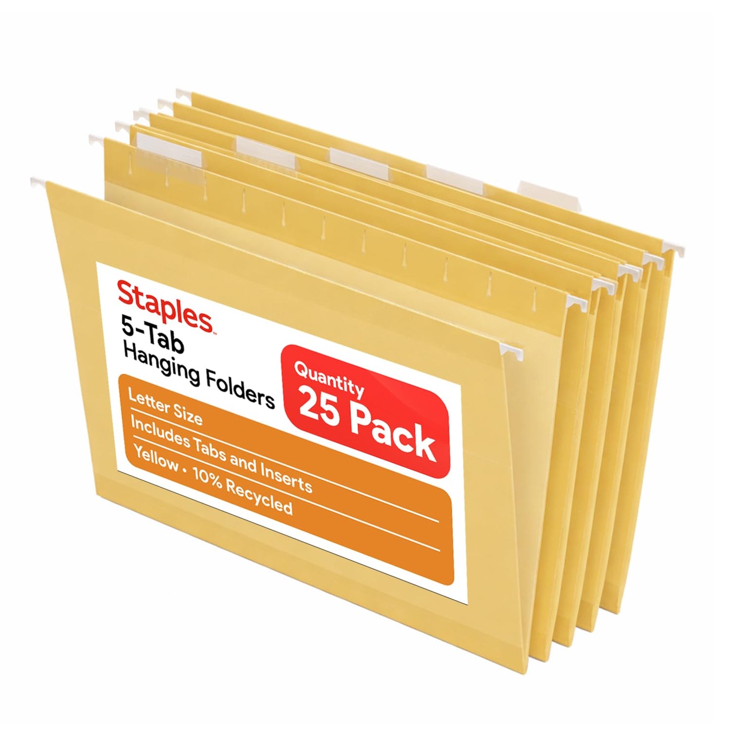 Staples Hanging File Folders, Letter Size, Yellow, 5‑Tab, Durable Construction – 25/Box