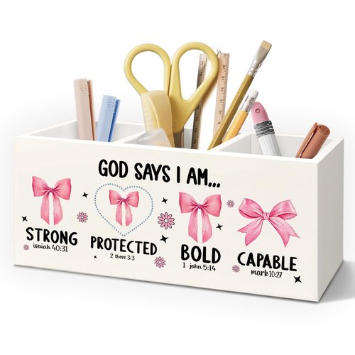 AQYIP Christian God Says I Am Wooden Pen Pencil Holder for Desk Accessories, Christian Gifts for Women, Pink Coquette Bow Bible Verse Wood Makeup Brush Toothbrush Holder Organizer for Vanity Bathroom