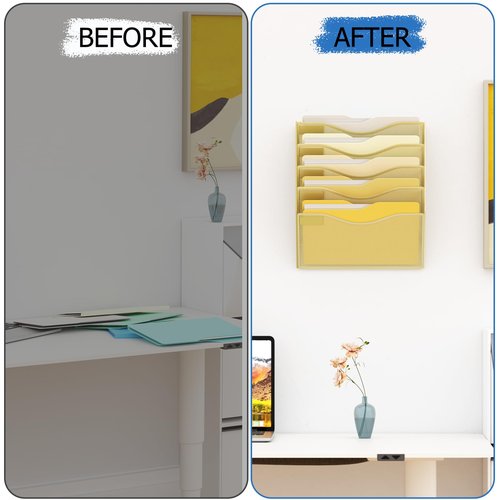 JessYo Office 5 Pocket Mesh Wall File Holder Hanging Folder Organizer Wall Mounted Magazine Document Rack, Gold