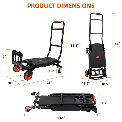 330 LB Folding Hand Truck, Portable Heavy Duty Carrying Dolly Cart, Utility Cart Combination of 4 Wheels and 2 Wheels Convertible for Moving Shopping Luggage Travel Office Use