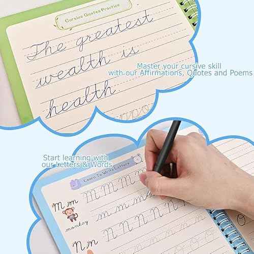 2 Pack Grooved Cursive Handwriting Workbook,Reusable Handwriting Practice Copybooks,Cursive Writing Practice Book for Kids Beginners