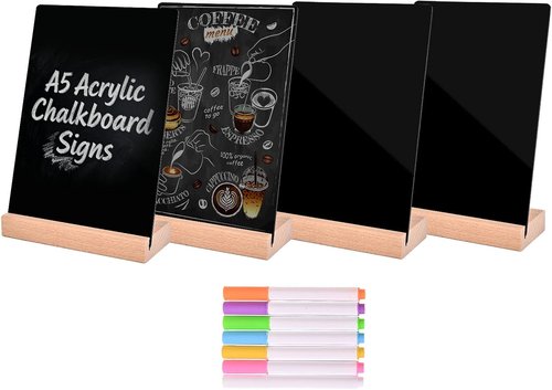 Pintuson Mini Chalkboard Signs - 4 Pack Double-Sided Acrylic Boards - 8x6 Inch with Beech Base for Menus & Table Numbers