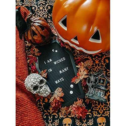 Coffin Letter Board Black +3D Bat Stickers +650 Characters, Spooky & Seasonal Emojis, Wooden Stand - 17x10.5 Inches - Coffin Shaped Goth Decor Sign Witchy Halloween Decorations Gothic Decor Birthday Wedding Home Spooky Gifts