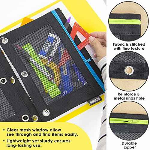 BAZIC Products Pencil Pouch 3 Ring Binder Pouch w/Rivet Enforced Rings Holes, Neon Black Color Mesh Window Zipper Pouches, 24-Pack