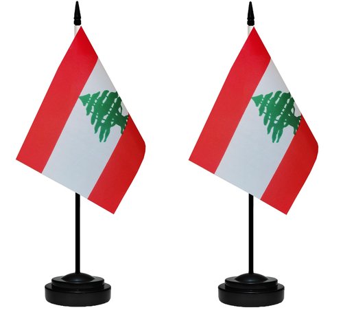 Lebanon Lebanese Small Mini Desk Flag Set Miniature Lebanon Lebanese Table Office Flag with 13" Black Pole, Black Base, Miniature Lebanon Deluxe Desktop Flag(2 Pack)