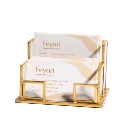 Feyarl Gold Glass Business Card Holder Business Name Card Display Stand Gift Cards Organizer Storage for Office Desktop Meeting Exhibition Reception (2 Slots)