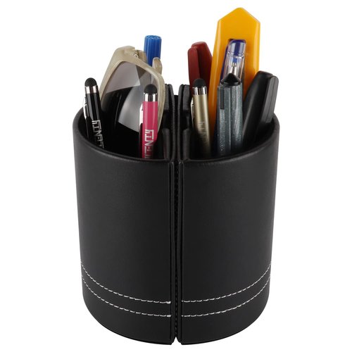 Leather Pencil Cup Pen Holder with Photo Picture Frame, Desk Stationery Organizer with Magnetic Clasp for Home and Office Gift (Black)