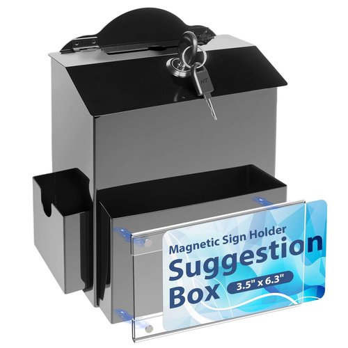 SAMYUCHO Suggestion Box with Magnetic Sign Holder, Metal Donation Boxes with Lock and Slot, Prayer Drop Ballot Raffle Tip Jars Wall Mounted Box for Fundraising Churches Offices School Black