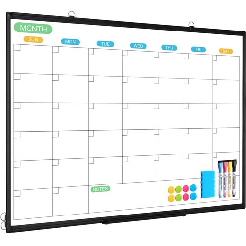 WALGLASS Dry Erase Calendar Whiteboard for Wall, 36" x 24" Double-Sided Monthly Calendar White Board with Black Aluminum Frame, Hanging or Wall Mount Whiteboard for Home, Office, School
