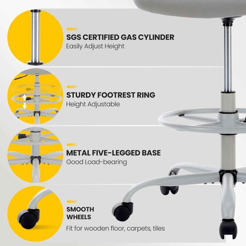 Sweetcrispy Home Office Drafting Chair - Ergonomic High Stool Computer with Adjustable Height and Comfy Lumbar Support, Tall Rolling Task for Standing Desk with Fixed Arm and Footrest, Grey