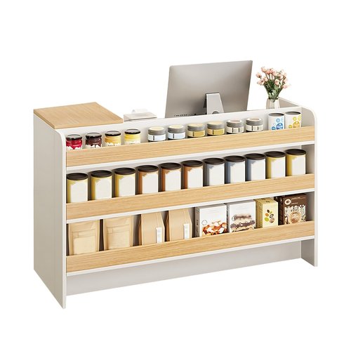 Modern Reception Desk Counter Table, Retail Counter Reception Table with Lockable Drawers, Retail Checkout Counter with Open Shelves