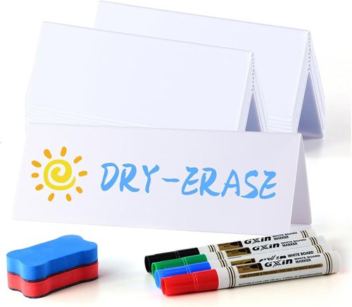 Dry Erase Name Tents by [Brand Name] - 24 Reusable Table Cards 8.75” x 3” with Markers & Erasers | Perfect for Meetings & Classes