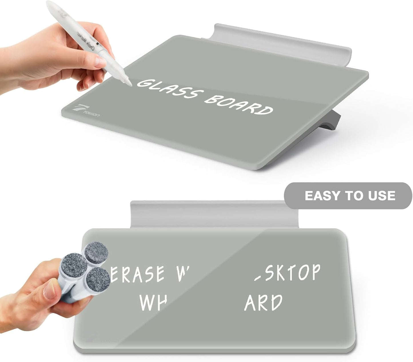 TOWON Mini Glass Dry Erase Board - Portable Desk Whiteboard with Easel Stand | 8 x 6 Inches, Gray