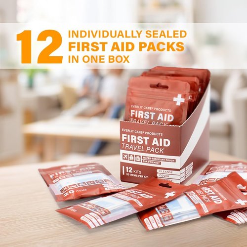 EVERLIT CARE Travel Bandage Pack - 12 Individual Packets in Compact Water-Resistant Pouch | On-the-Go First Aid Essentials