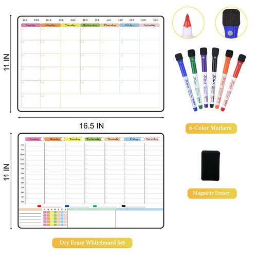 POPRUN Dry Erase Calendar weekly and monthly self adhesive stick on non-magnetic stainless fridge & Glass & Wall & wooden (any smooth surface) Schedule Board with Time Slots for Office and Family