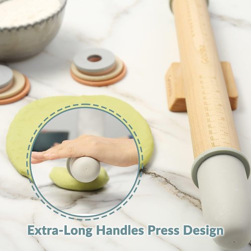 Geesta Adjustable Wood Rolling Pin - 5 Thickness Rings for Precise Dough Rolling | Ideal for Baking Cookies, Pie Crusts, and Fondant