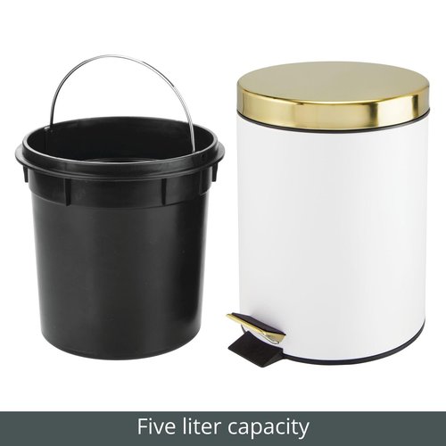 mDesign Pedal Bin — Metal Waste Bin with Pedal, Lid and Plastic Bucket Insert — Perfect for Bathroom, Kitchen, and Office — Household Rubbish Bin with Ergonomic Design — White/Gold