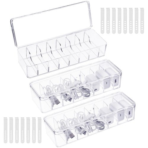 Josojoou 3Pack Cable Organizer Box, Cord Storage Organizer, Clear Charger Organizers with Lid, 30Pcs Cables Ties, Small Gird Plastic Boxes for Home Desk with Removable Compartment