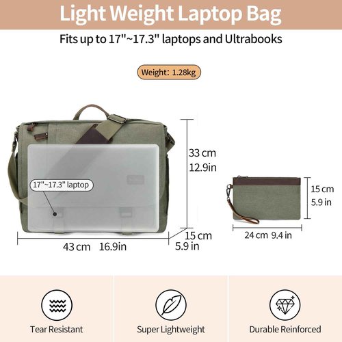 Nerlion Messenger Bag for Men 17-17.3 Inch Laptop Bag Canvas Water-resistant Computer Bag Shoulder Bag Work Briefcase Bookbag for College (Green)