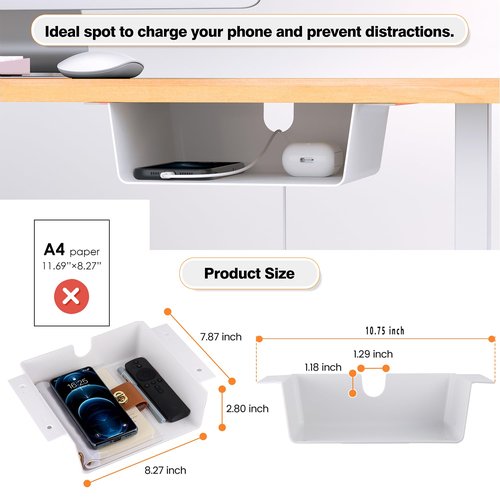 2 Pack Adhesive Under Desk Hanging Shelf Mount Drawer Organizer, Attachable Plastic Under Desk Storage Tray for Standing Desks, Tables, Workstations, Gaming, Cabinet, Increase Storage Space - White