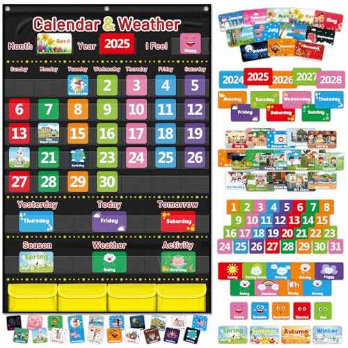 Calendar and Weather Pocket Chart for Kids Learning, Large 44.5¡±x28¡± Homeschooling Calendar Pocket Chart with 113 Cards, Teacher and Back to School Supplies
