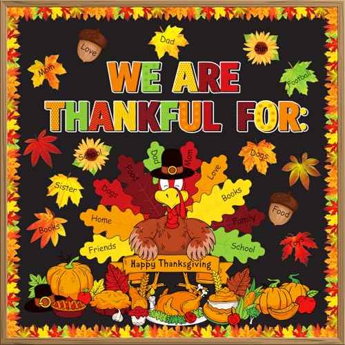 Thanksgiving Bulletin Board Decorations, 56pcs November Turkey Bulletin Board Decorations, We Are Thankful for Bulletin Boards, Fall Pumpkin Leaves Cutouts for Harvest Classroom Wall Supplies
