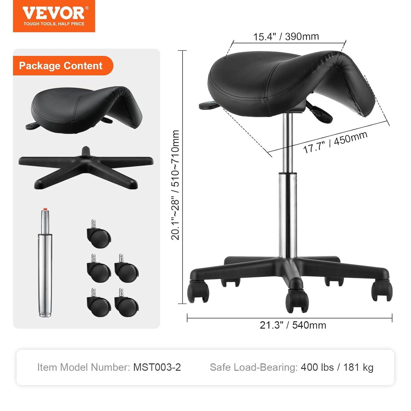 VEVOR Saddle Stool - Height Adjustable Swivel Chair with Wheels | 400 LBS Capacity, Black PU Leather